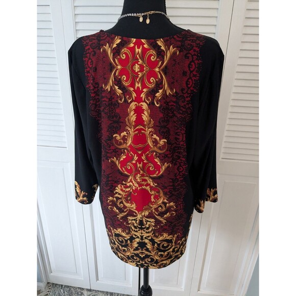 Susan Graver Tunic Top Womens M Red Black Gold Damask Print Glamcore Maximalist - Picture 8 of 11